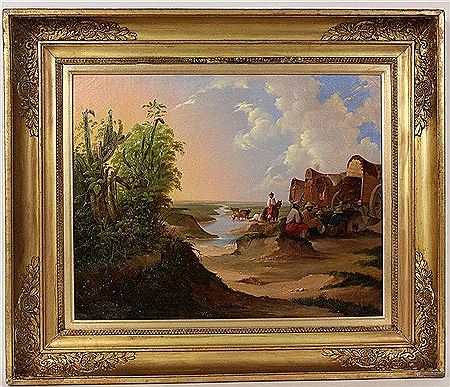 Rastende Viehhirten mit Planwagen in südamerikanischer Landschaft