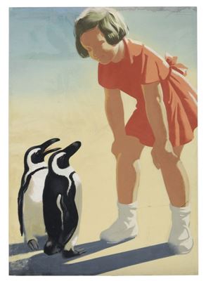 Mädchen und zwei Brillenpinguine.