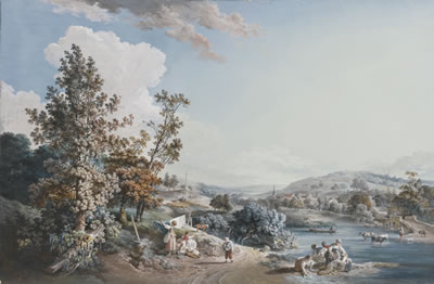 PASTORAL LANDSCAPE WITH WOMEN PREPARING THE WASH by Jean-Baptiste Marie Huet - Auction record, sale price, and art valuation. Compare with similar artists and explore comparable artworks.