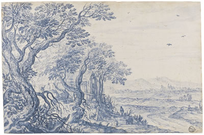 FIGURES IN A WOODED LANDSCAPE, A VILLAGE IN THE DISTANCE
