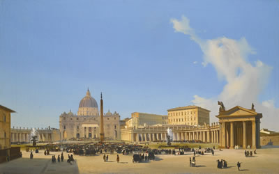 ROME, A VIEW OF SAINT PETER'S BASILICA AND SQUARE WITH CROWDS AWAITING A PAPAL AUDIENCE