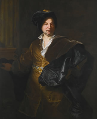 PORTRAIT OF A GENTLEMAN, THREE QUARTER LENGTH, IN A GOLD SILK FROCK COAT AND BLUE CLOAK, POSSIBLY PAOLO GEROLAMO II PALLAVICINI
