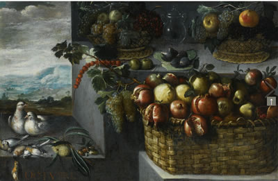 AN ALLEGORY OF THE MONTH OF OCTOBER, WITH A STILL LIFE OF BASKETS OF POMEGRANATES, APPLES, GRAPES AND OTHER FRUITS, A PAIR OF DOVES AND SONGBIRDS ON A STONE LEDGE