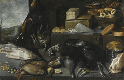 AN ALLEGORY OF THE MONTH OF DECEMBER, WITH A CAT AND A STILL LIFE OF FOWL, FISH, SWEETMEATS AND CHOCOLATE ON A STONE LEDGE