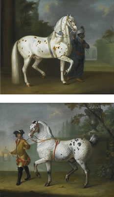 A LIPIZZANER STALLION WITH CURLY COAT LED BY A GROOM; A LIPIZZANER STALLION WITH "TIGER" COAT HELD BY A GROOM IN ORIENTAL COSTUME (2) by Johann-Georg de Hamilton - Auction record, sale price, and art valuation. Compare with similar artists and explore comparable artworks.