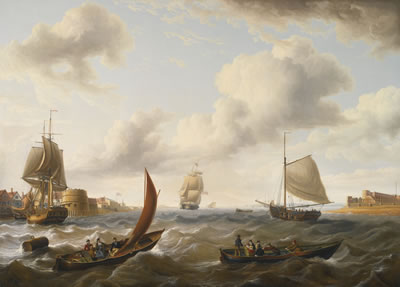 BRITISH MEN OF WAR AND OTHER SHIPS AT THE MOUTH OF PORTSMOUTH HARBOR IN CHOPPY SEAS