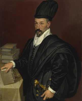 PORTRAIT OF LOPE VARONA DI VILLANAHUE OF BURGOS, HALF LENGTH WITH A BOOK IN HIS RIGHT HAND