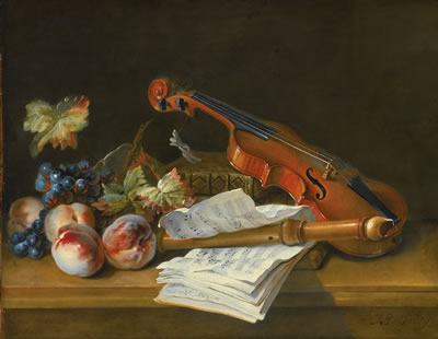 STILL LIFE WITH A VIOLIN, A RECORDER, BOOKS, A PORTFOLIO OF SHEET OF MUSIC, PEACHES AND GRAPES ON A TABLE TOP by Jean-Baptiste Oudry - Auction record, sale price, and art valuation. Compare with similar artists and explore comparable artworks.