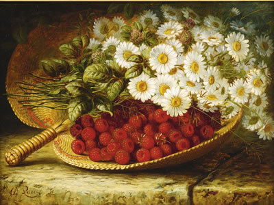 STILL LIFE WITH DAISES AND RASPBERRIES ON A LEDGE