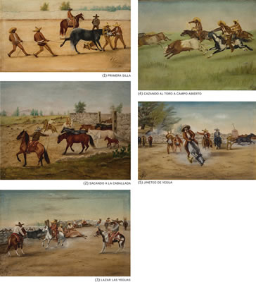 FIVE WORKS: PRIMERA SILLA, SACANDO A LA CABALLADA, LAZAR LAS YEGUAS, CAZANDO AL TORO A CAMPO ABIERTO, JINETEO DE YEGUA (5)