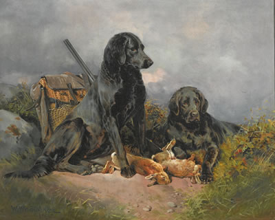 TWO BLACK RETRIEVERS WITH A BRACE OF RABBITS