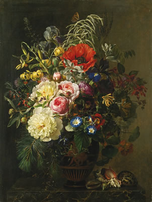STILL LIFE WITH PEONIES, POPPIES AND HONEYSUCKLE