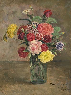 STILL LIFE WITH ROSES AND CARNATIONS IN A GLASS JAR