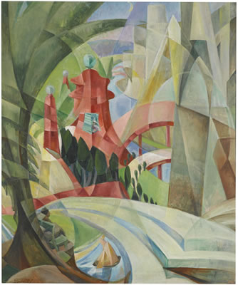 CUBIST LANDSCAPE WITH RED PAGODA AND BRIDGE