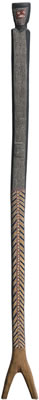 Sample artwork by Owen Yalandja (Born 1961), known for aboriginal art, wood carved kurrajongs-symbolic spear-like objects, bark painting - View similar artists and auction records