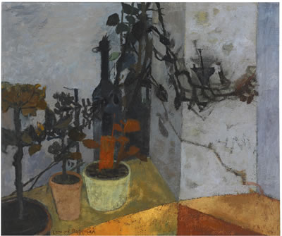 STILL LIFE WITH POT PLANTS AND BOTTLE