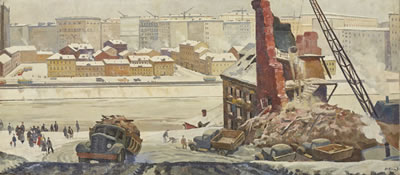 Sample artwork by Piotr Ossovski (1925 - 2015), known for modernist landscape, skyscape, church and industrial scene painting - View similar artists and auction records
