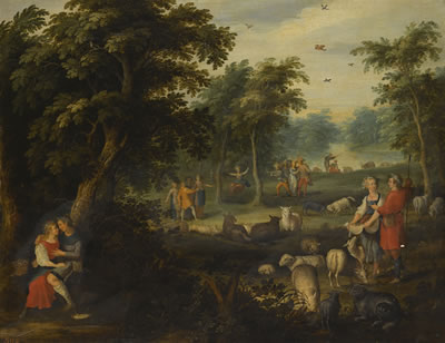 AN ARCADIAN LANDSCAPE WITH COURTING SHEPHERDS AND THEIR FLOCK