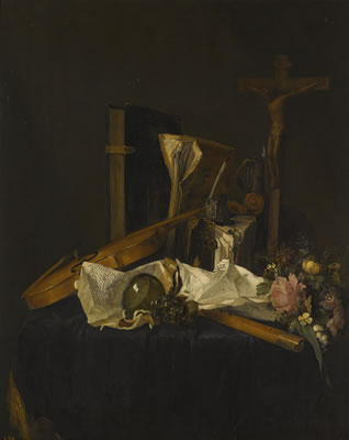 A VANITAS STILL LIFE OF A VIOLIN, BOOKS, AN INKWELL, MANUSCRIPTS, A ROEMER, A FLUTE, A CRUCIFIX AND A WREATH OF FLOWERS ON A CLOTH COVERED TABLE