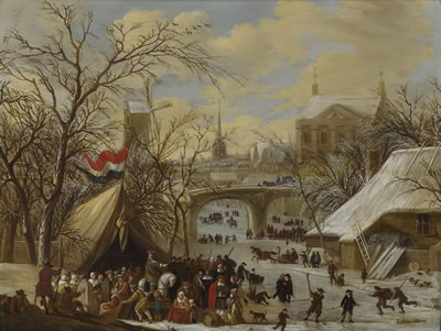 WINTER TOWNSCAPE WITH A MILITARY ENCAMPMENT AND FIGURES SKATING ON THE FROZEN RIVER by Gerrit (Gerard) Battem - Auction record, sale price, and art valuation. Compare with similar artists and explore comparable artworks.