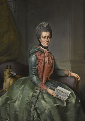 PORTRAIT OF FREDERIKA SOPHIA WILHELMINA OF PRUSSIA, PRINCESS OF ORANGE (1751–1820), THREE-QUARTER-LENGTH SEATED, IN A GREEN DRESS WITH RED BODICE, HOLDING AN OPEN BOOK, WITH HER DOG