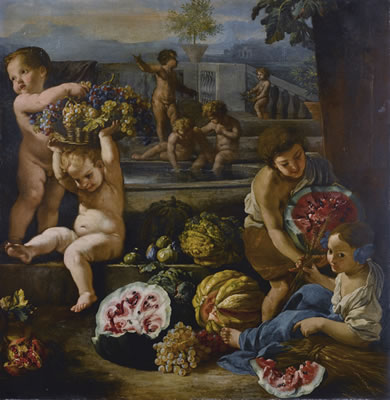 PUTTI AND CHILDREN SURROUNDED BY FRUIT, FORMAL GARDENS BEYOND
