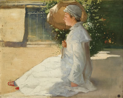 FEMME DANS UNE BARQUE ; LA JEUNE MARIÉE (JEANNE LEBAIGUE À L'OMBRELLE) (2)
