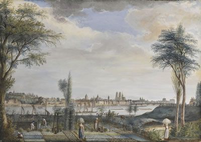 VUE DE LA VILLE D'ORLÉANS DEPUIS UN JARDIN SUR LES RIVES DE LA LOIRE