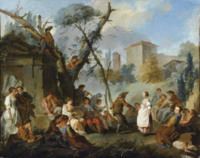 PAYSAGE AVEC PERSONNAGES JOUANT DE LA MUSIQUE ET DANSANT