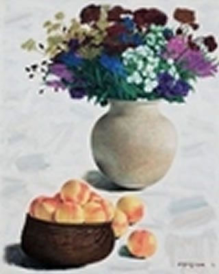 Sample artwork by HyungGn Kim (1930 - 2023), known for still life paintings of flowers, fruits, and vases against a gray background - View similar artists and auction records