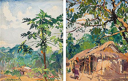 Coconut Tree; Woman Near a Hut, two