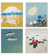 Mount Fuji with Cherry Blossoms (set of four) Sweetfishes Bellflowers in Moonlit Night Camellia in the Snow (4)