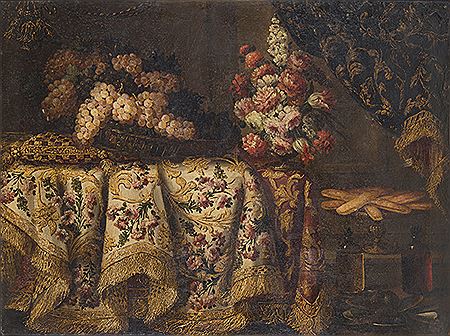 Bodegón con cesta de uvas, florero y dulces