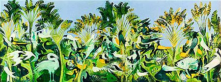 LANDSCAPE WITH WHITE BIRDS AND FISH