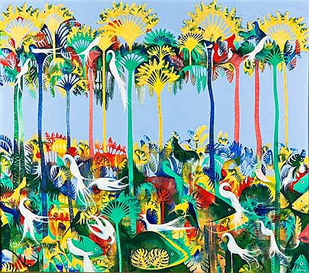 ABSTRACT LANDSCAPE WITH FISH AND BIRDS