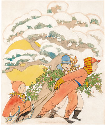 Children Sledding by Maginel Barney - Auction record, sale price, and art valuation. Compare with similar artists and explore comparable artworks.