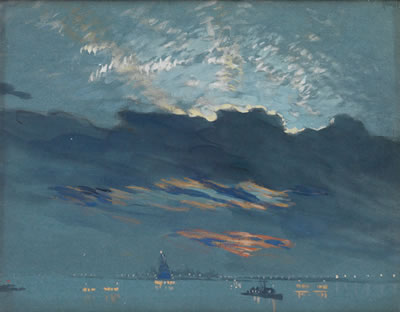 New York Harbor at Dusk, with the Statue of Liberty.