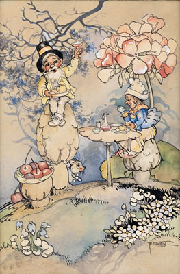 A toast to cherries and wine. Likely a drawing for "Peg's Fairy Book" by Peg Maltby - Auction record, sale price, and art valuation. Compare with similar artists and explore comparable artworks.