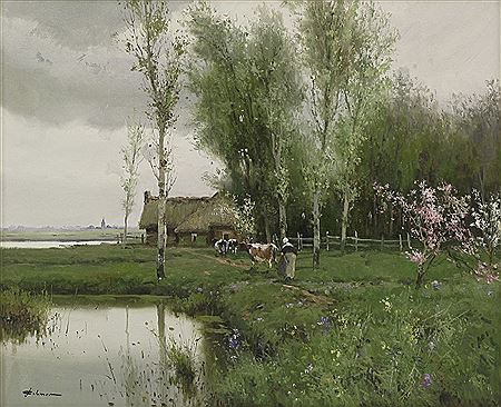 A LANDSCAPE WITH A FIGURE DRIVING CATTLE BY A POOL