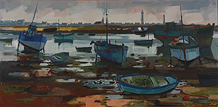 Bateaux de pêche au port à marée basse, St Guénolé by Pierre Diner - Auction record, sale price, and art valuation. Compare with similar artists and explore comparable artworks.