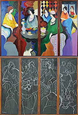Partition in 4 parts, Women at the Coffee Shop (double-sided) by Itzchak (Isaac) Tarkay - Auction record, sale price, and art valuation. Compare with similar artists and explore comparable artworks.