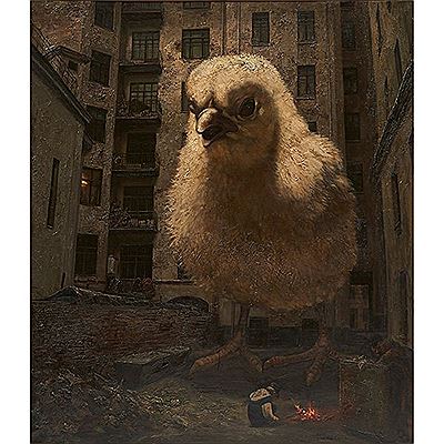 Sample artwork by Vasily Shulzhenko (Born 1949), known for grotesque realist figure and genre painting, chickens - View similar artists and auction records