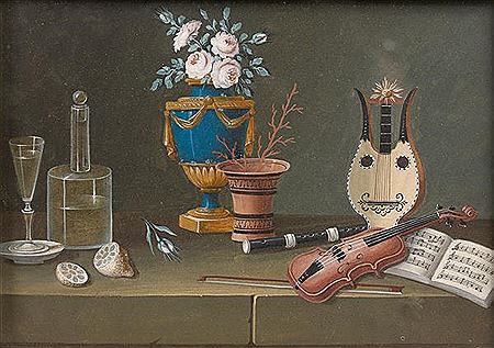 Nature morte aux instruments de musique et vase néoclassique; Nature morte aux livres et vase néoclassique; Nature morte au déjeuner salé