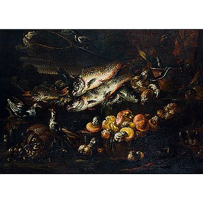 Still life with fish and mushrooms