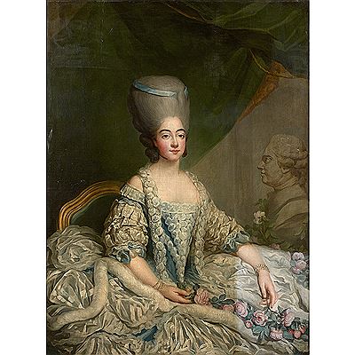 Portrait of the Countess of Provence Marie - Josephine Savoie in front of a sculpture figuring the bust of Louis XVIII