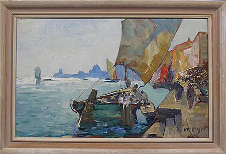 Figures before a sail boat on the lagoon, Venice