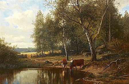 Landscape with cows and hay girl