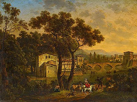 Ideale Landschaft mit Reisenden vor den Toren einer norditalienischen Stadt