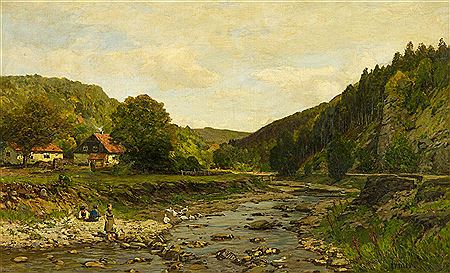 "Bewaldete Flusslandschaft, Kinder am Ufer"