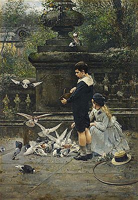 Kinder mit Tauben im Park